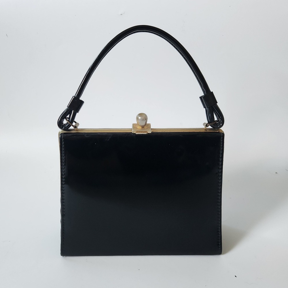 Vintage MCM Structured Top Handle Handbag Gloss Black Patent Vinyl Old Money